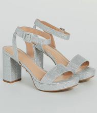 Load image into Gallery viewer, Silver chunky heel ankle strapped sandals
