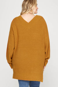 PLUS DALIA- Mustard oversized V neck sweater