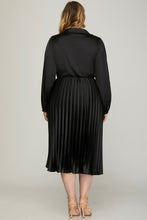 Load image into Gallery viewer, PLUS MONACO- Black Silk surplice satin plisse midi length dress
