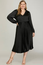 Load image into Gallery viewer, PLUS MONACO- Black Silk surplice satin plisse midi length dress
