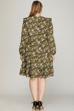 Load image into Gallery viewer, PLUS KALANI-RUFFLED LONG SLEEVE FLORAL PRINT WOVEN DRESS WITH SIDE POCKETS
