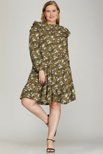 Load image into Gallery viewer, PLUS KALANI-RUFFLED LONG SLEEVE FLORAL PRINT WOVEN DRESS WITH SIDE POCKETS
