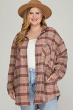 Load image into Gallery viewer, PLUS AISHA- Taupe/Pink LONG SLEEVE PLAID SHACKET WITH FRONT POCKETS AND SIDE POCKETS
