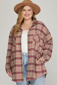 PLUS AISHA- Taupe/Pink LONG SLEEVE PLAID SHACKET WITH FRONT POCKETS AND SIDE POCKETS