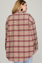 Load image into Gallery viewer, PLUS AISHA- Taupe/Pink LONG SLEEVE PLAID SHACKET WITH FRONT POCKETS AND SIDE POCKETS
