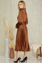 Load image into Gallery viewer, MONACO- Toffee Silk surplice satin plisse midi length dress Regular price
