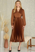 Load image into Gallery viewer, MONACO- Toffee Silk surplice satin plisse midi length dress Regular price
