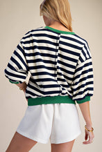 Load image into Gallery viewer, Navy- Round Neck Bubble Sleeve striped contrast hem Sweatshirt
