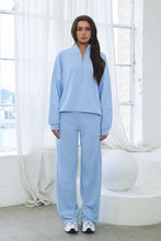 Load image into Gallery viewer, Powder blue French terry tracksuit set w/ piping trim and adjustable top
