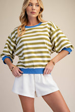 Load image into Gallery viewer, Olive- Round Neck Bubble Sleeve striped contrast hem Sweatshirt
