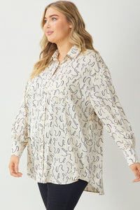 Plus DALI- Natural Satin oversized scrible print button down pocket shirt