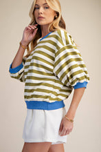 Load image into Gallery viewer, Olive- Round Neck Bubble Sleeve striped contrast hem Sweatshirt
