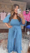 Load and play video in Gallery viewer, Plus Layla- Blue solid smocked wide leg jumpsuit
