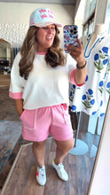 Load and play video in Gallery viewer, Park Ready/ white &amp; pink two piece scuba shorts set
