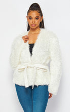 Load image into Gallery viewer, Oakleigh Ivory fuzzy cardigan with detachable leather belt
